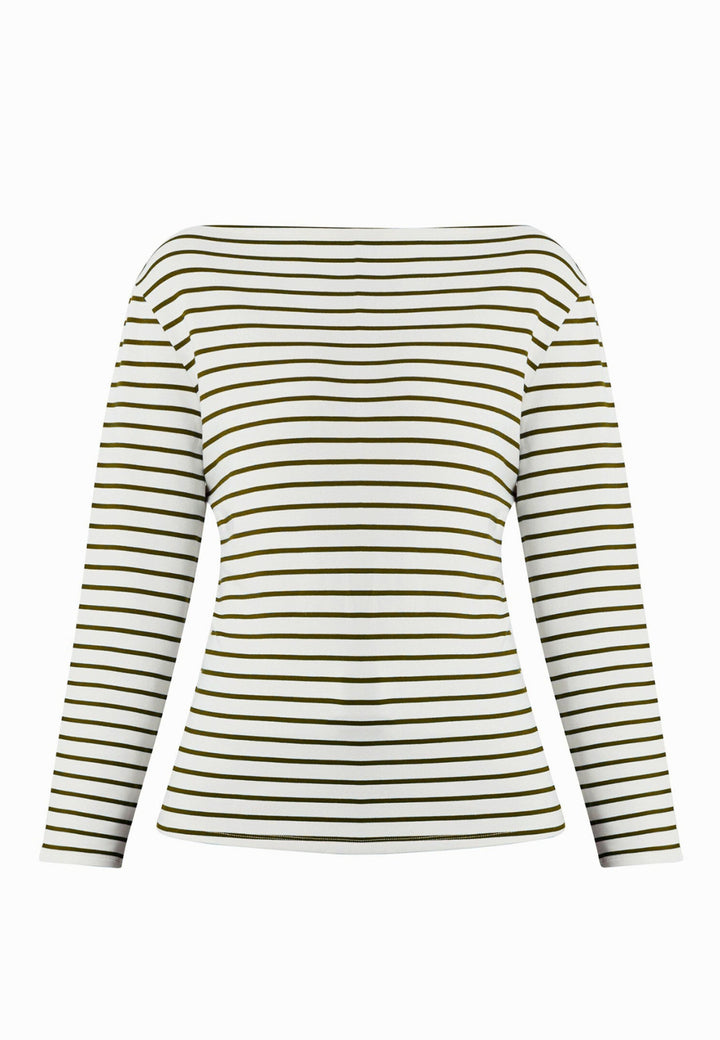 The Teagan boat neck top, crafted in a luxe stretch jersey. Features bracelet length sleeve. Now available in a sandlewood and ecru stripe.