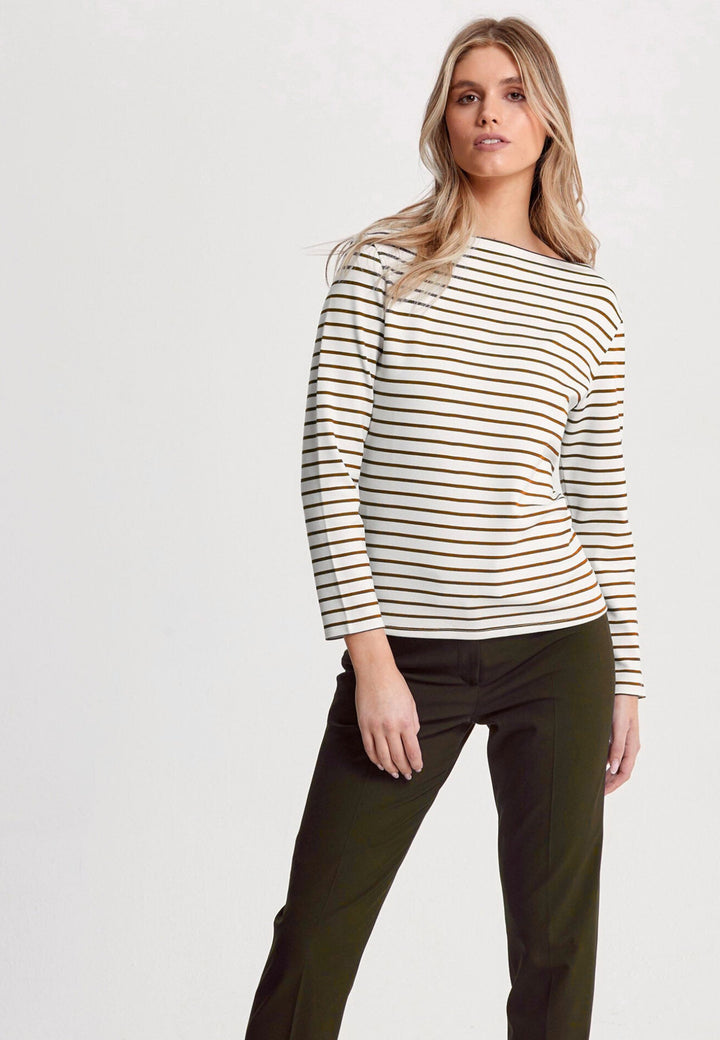 The Teagan boat neck top, crafted in a luxe stretch jersey. Features bracelet length sleeve. Now available in a sandlewood and ecru stripe.