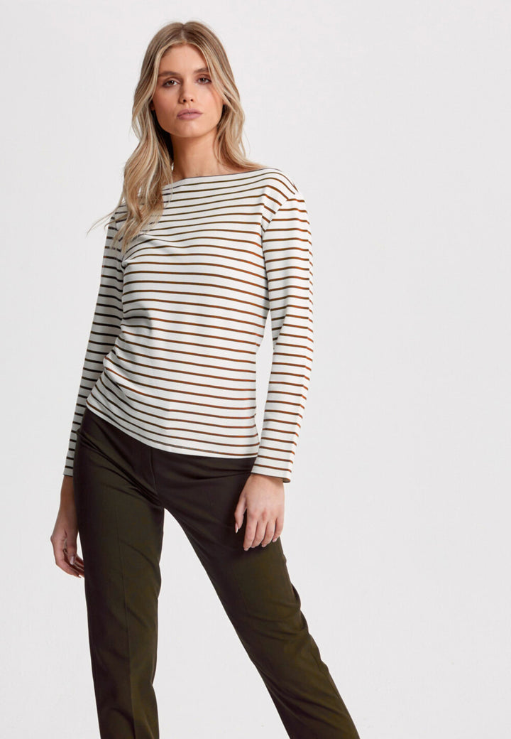 The Teagan boat neck top, crafted in a luxe stretch jersey. Features bracelet length sleeve. Now available in a sandlewood and ecru stripe.