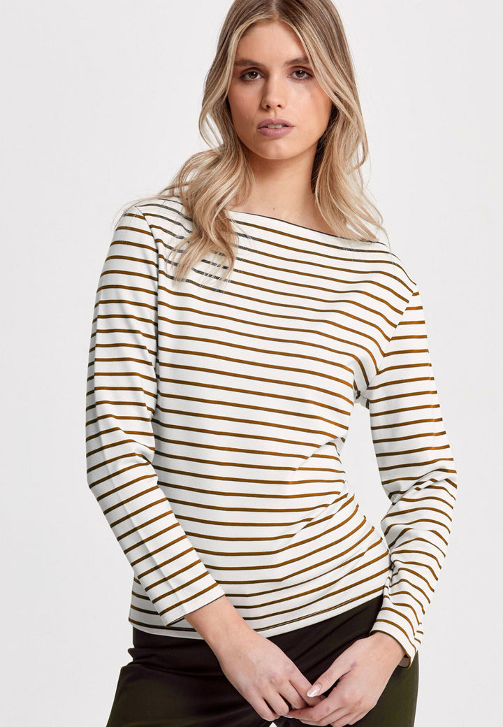 The Teagan boat neck top, crafted in a luxe stretch jersey. Features bracelet length sleeve. Now available in a sandlewood and ecru stripe.