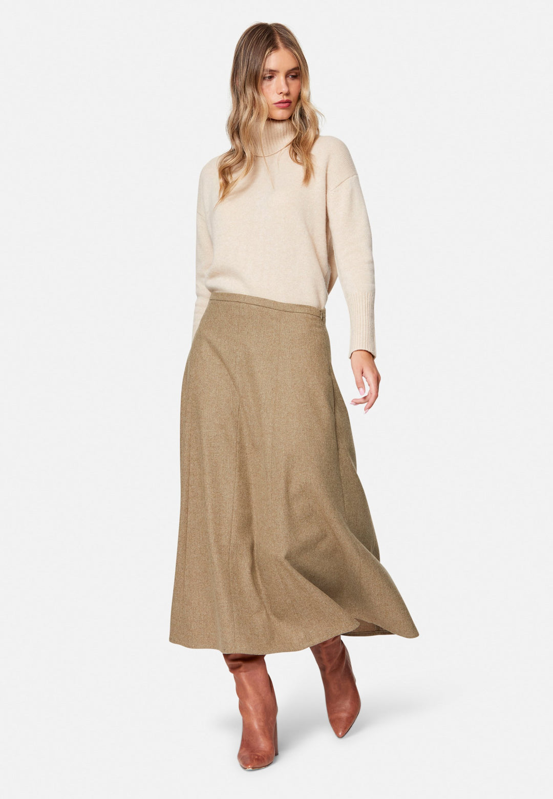 women wearing wool beige long skirt
