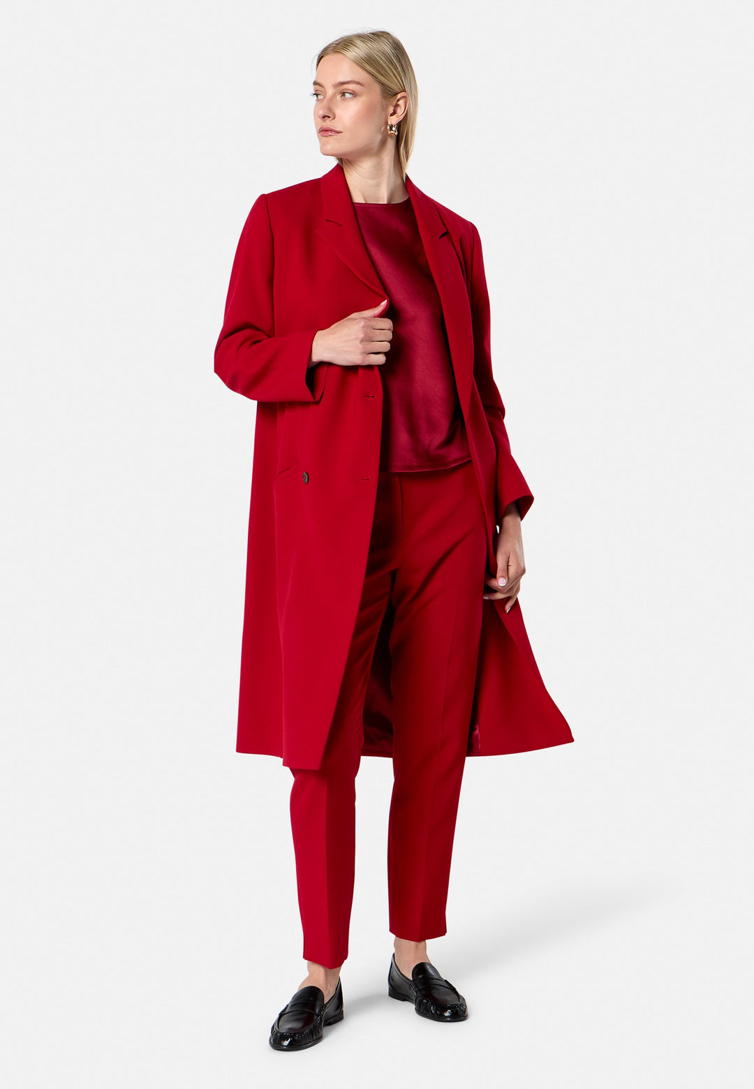 model wearing Victoria Ruby Red Coat