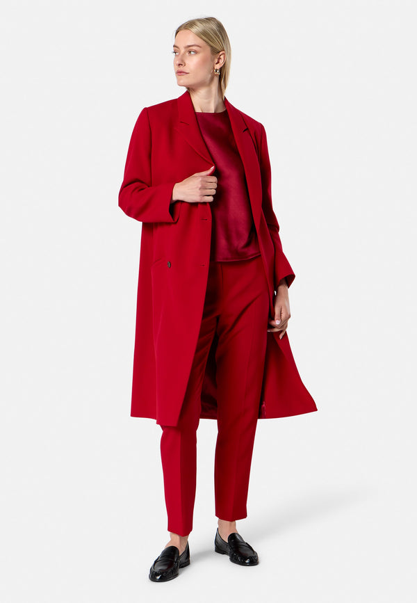 model wearing Victoria Ruby Red Coat