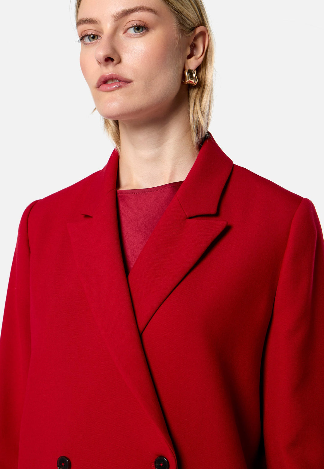 model wearing Victoria Ruby Red Coat