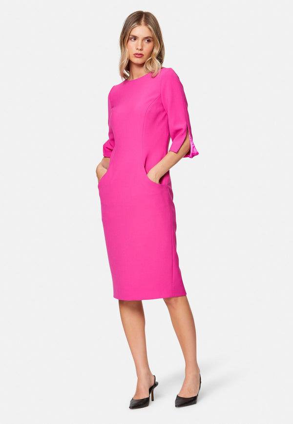 woman wearing pink pencil dress