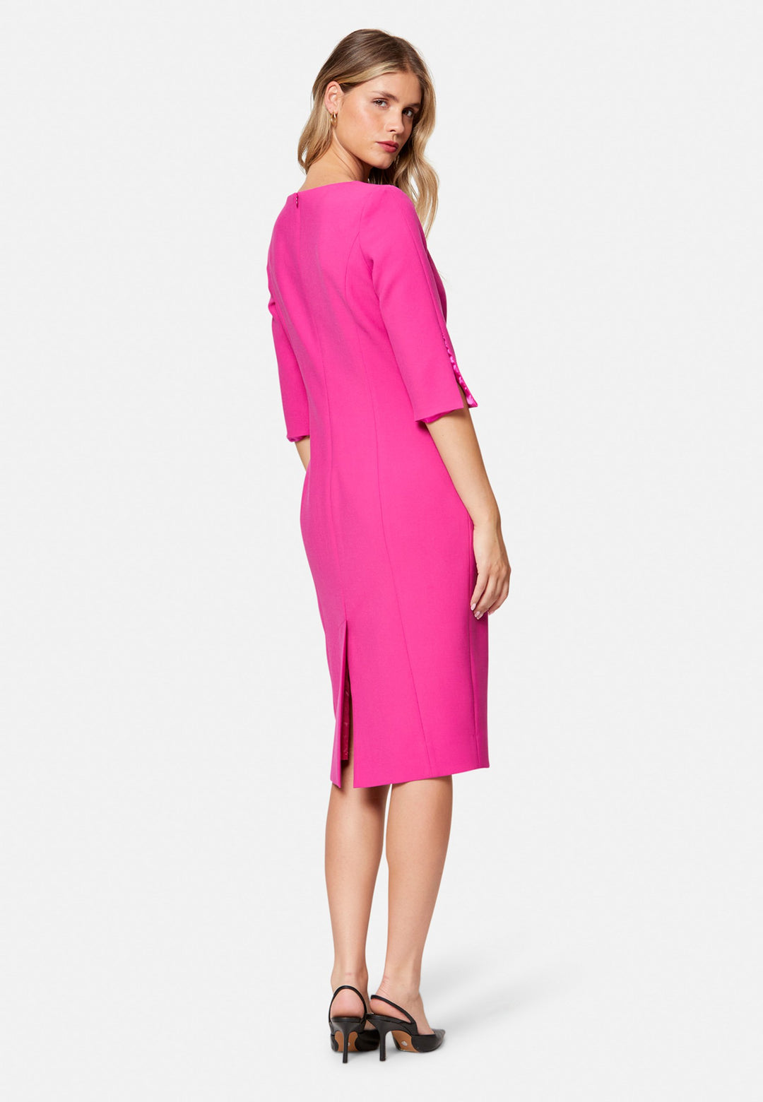 woman wearing pink pencil dress
