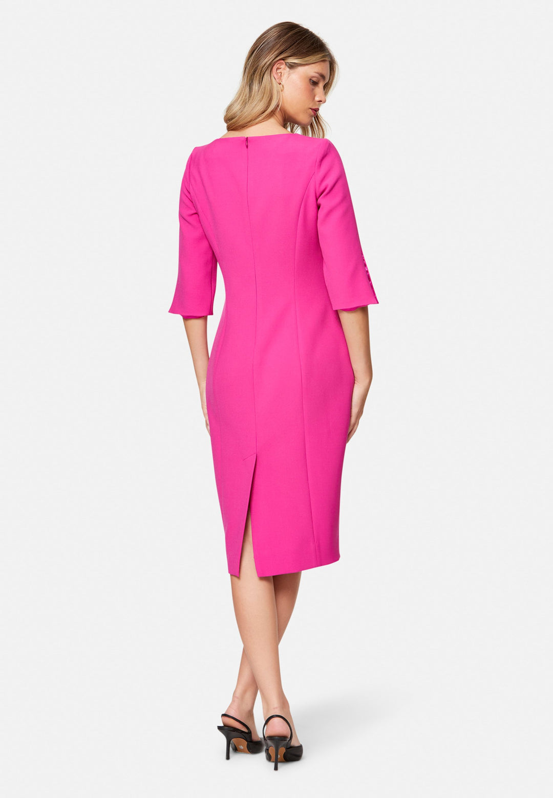 woman wearing pink pencil dress