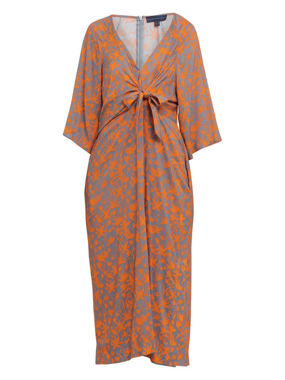 Introducing the Ailbhe, dress. This fun & easy fitting V-neck silhouette features front ties, slashed bodice, side seam pockets and falls to the mid-calf. Crafted in an adventurous and sophisticated rust & smoky blue printed breathable viscose.  Designed in Ireland by Helen McAlinden. Made in Europe. Free shipping to the EU & UK.