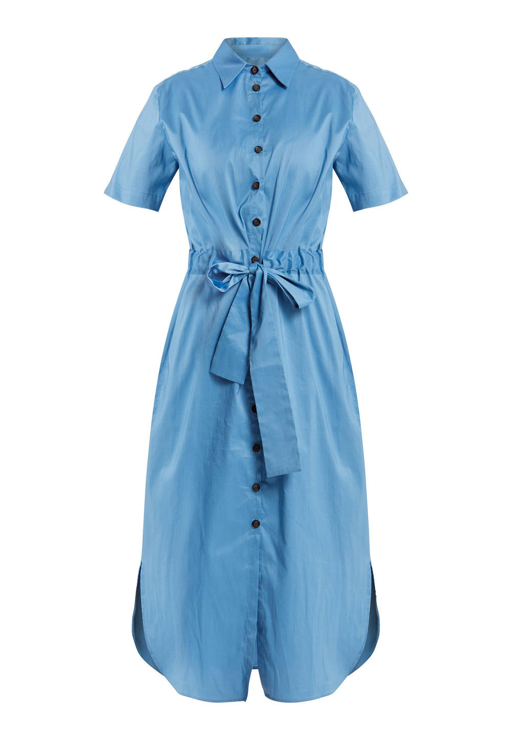 Arabella the ultimate shirtdress for everday. Cut in a glazed sky blue cotton poplin. Engineered with a classic round edge shirt hem. Drawstring matching belt accentuated the waist. This easy fit silhouette allows the fabric to fall softly over the hips and features essential side seam pockets.