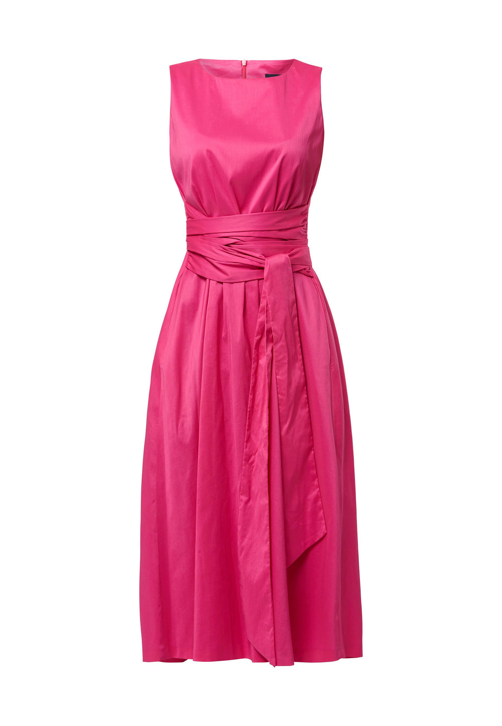 Our best-selling Avril dress returns in bright pink. Elevate your summer look with an easy-fitting dress. A sleeveless silhouette featuring a defined waist and an oversized wrap tie. The flared skirt falls to the mid-calf with side seam pockets.