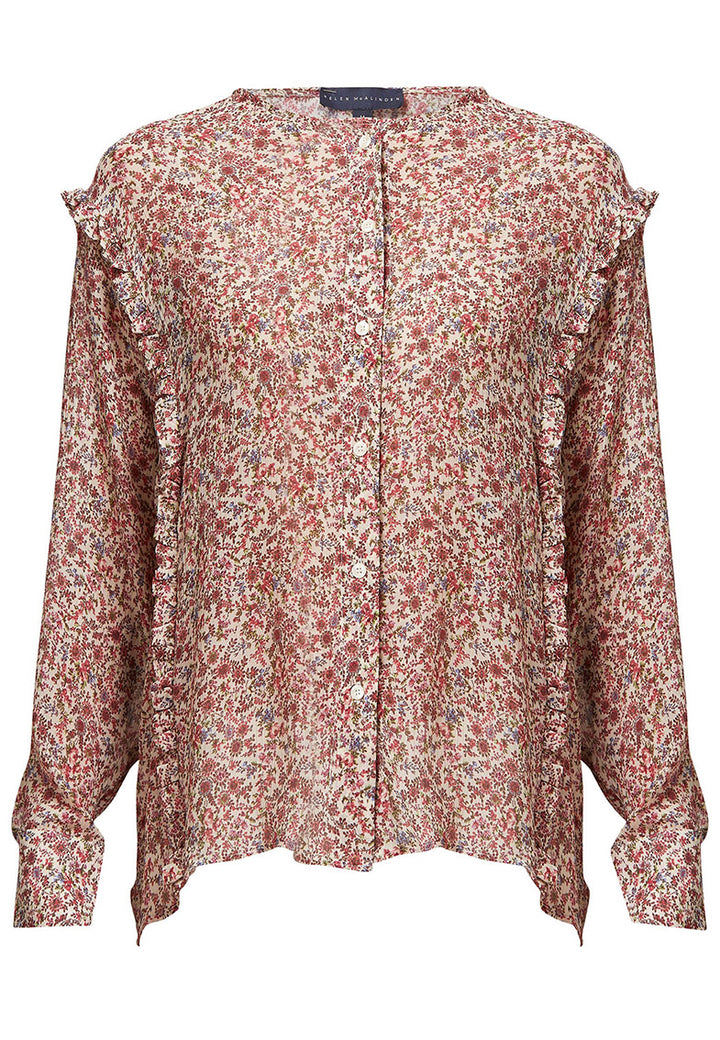 Give your everyday wardrobe an upgrade with the lauren jewel neck blouse. Cut in soft-touch silk blend crinkled georgette printed in feminine vintage inspired mini floral. A discreet ruffle runs from hem to hem over the shoulder. Lauren has been designed to add interest to the everyday.
