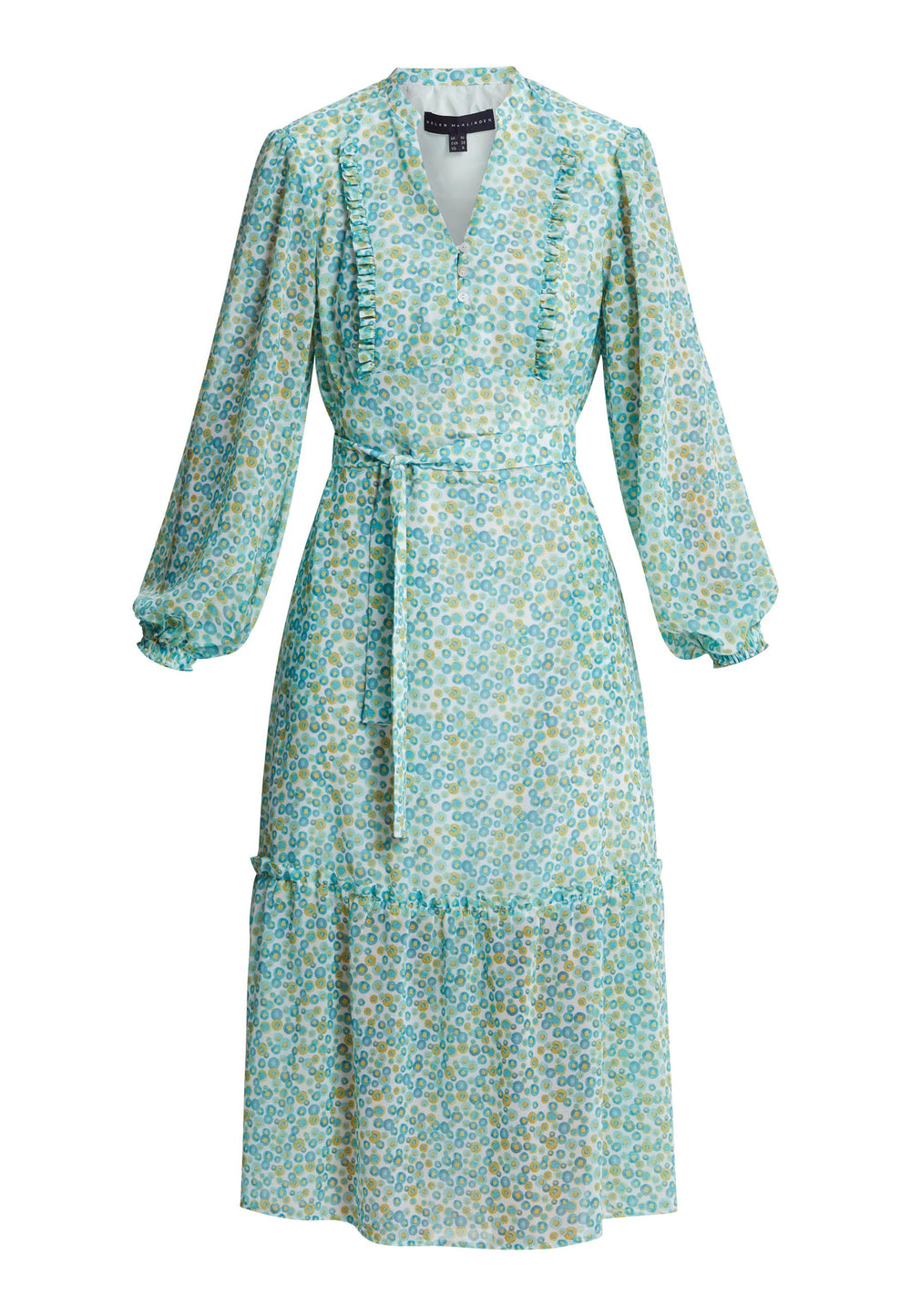 Bailey, this season's super feminine silhouette. A flattering fit and flare style offers a v-neckline with a frill embellished bodice. Waist is accentuated with a soft belt around the midriff for a customisable look that cinches the profile. The voluminous semi-sheer sleeves subtly balance the classic design, finished with an elasticated cuff. The boho inspired tiered skirt falls to the mid calf. Cut in semi-sheer viscose crepe in a playful smartie print.