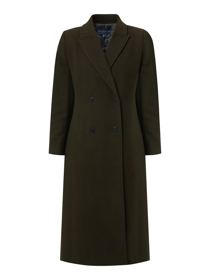 First impressions count, which is why great outerwear is a must. Invest in your wardrobe's hardest-working layer. Opt for the beryl coat. Note the double-breasted wrap front that creates a snug feel. The neat collar and revere is inspired by men's tailoring. It's cut from a wool blend in a dark olive melton. The style falls just below the knee.