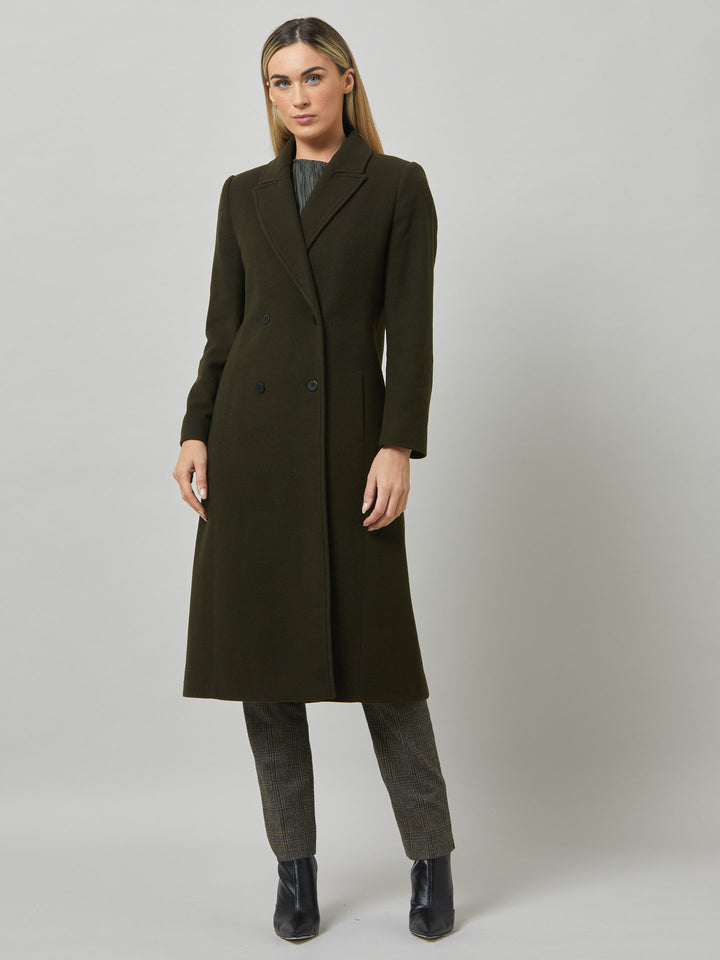 First impressions count, which is why great outerwear is a must. Invest in your wardrobe's hardest-working layer. Opt for the beryl coat. Note the double-breasted wrap front that creates a snug feel. The neat collar and revere is inspired by men's tailoring. It's cut from a wool blend in a dark olive melton. The style falls just below the knee.