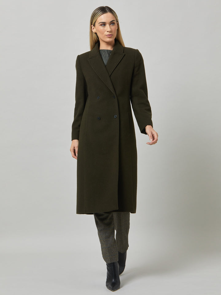 First impressions count, which is why great outerwear is a must. Invest in your wardrobe's hardest-working layer. Opt for the beryl coat. Note the double-breasted wrap front that creates a snug feel. The neat collar and revere is inspired by men's tailoring. It's cut from a wool blend in a dark olive melton. The style falls just below the knee.