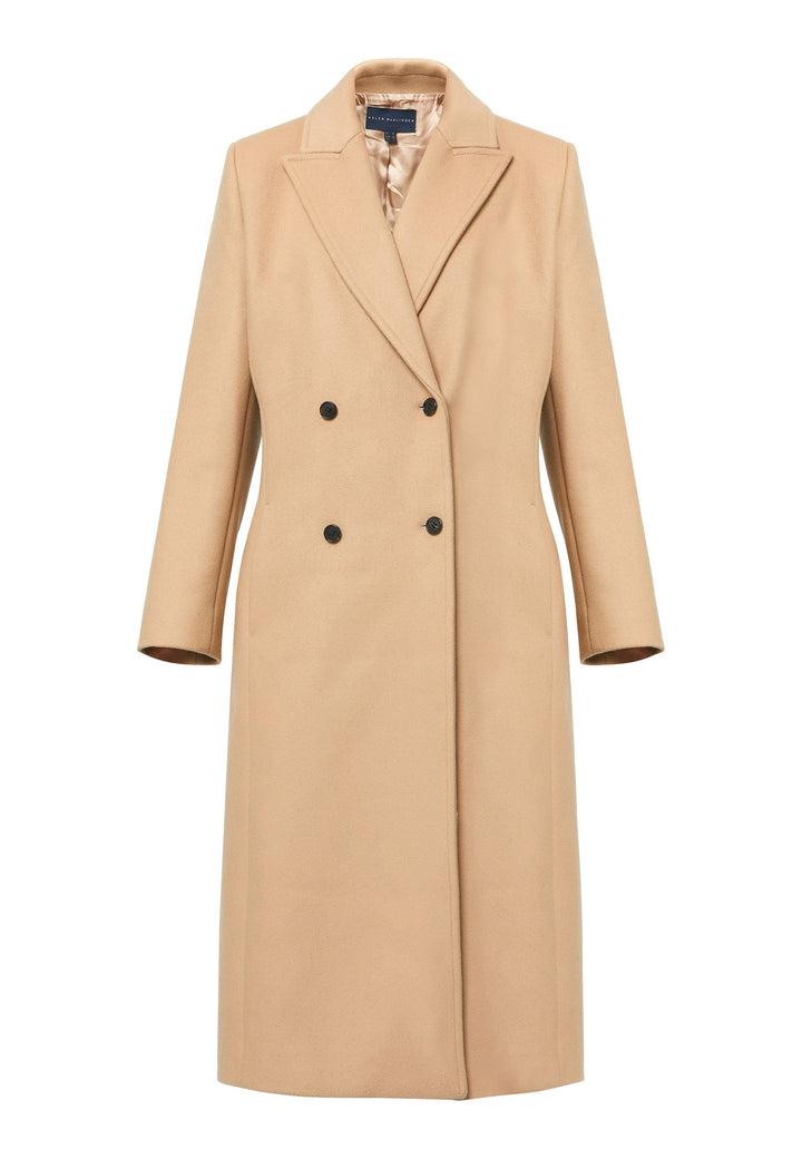 classic double-breasted coat silhouette adorned with four elegant brown horn buttons, perfectly complementing the sand color. The coat features a sleek collar and revere design. Crafted from luxurious melton fabric, it falls gracefully below the knee, enveloping you in both comfort and sophistication. 