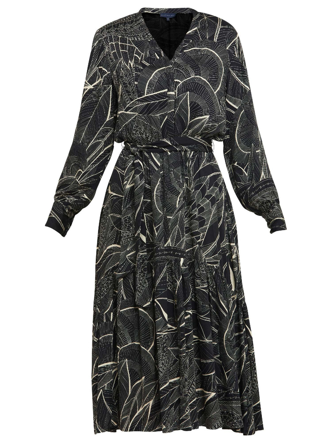 Beverly, an everyday dress. Crafted in a fluid, cream on black, botanical print viscose. A simple style with a V-neck button down bodice, handy pockets, elasticated waist & matching belt. Dress offers voluminous sleeves & a centre front slit on a fluid tiered skirt which falls to the mid-calf. 