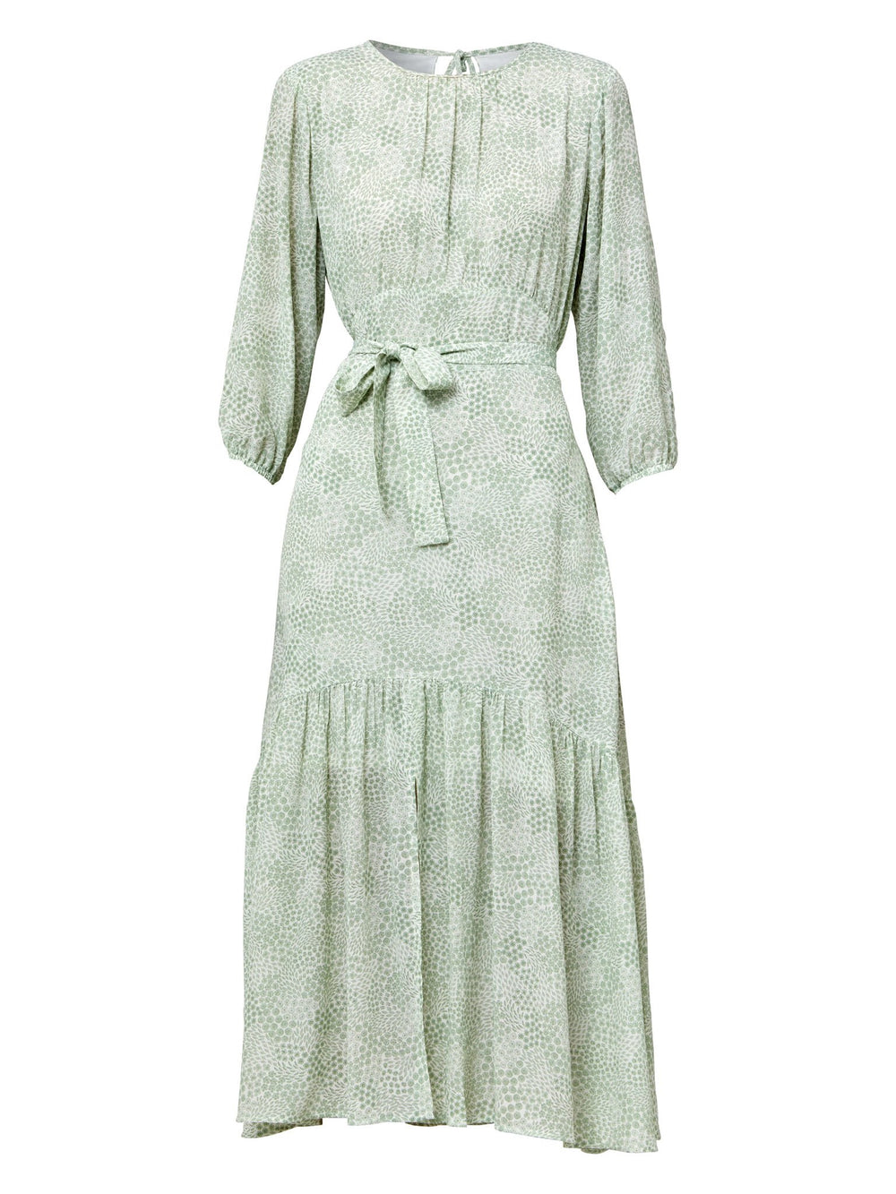 Meet the Bev dress in a vintage bi-color mini floral viscose crepe. Softly gathered jewel neck, waisted with side seam zip, draped 3/4 length sleeves fall to an elasticated cuff and flattering fluid bohemian tiered skirt with center front slit. Relaxed elegance for everyday life.