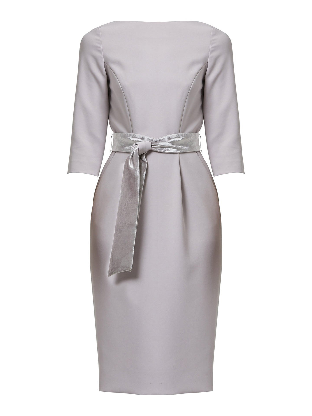 Caroline, the perfect desk-to-dinner dress in a feminine champagne tone. The fabric falls softly over the hips. this slash neck dress falls below the knee & pockets lend a sense of ease. Crafted luxe tricotine with a hint of stretch which ensures comfort & fit. Style with or without the matching velvet belt.