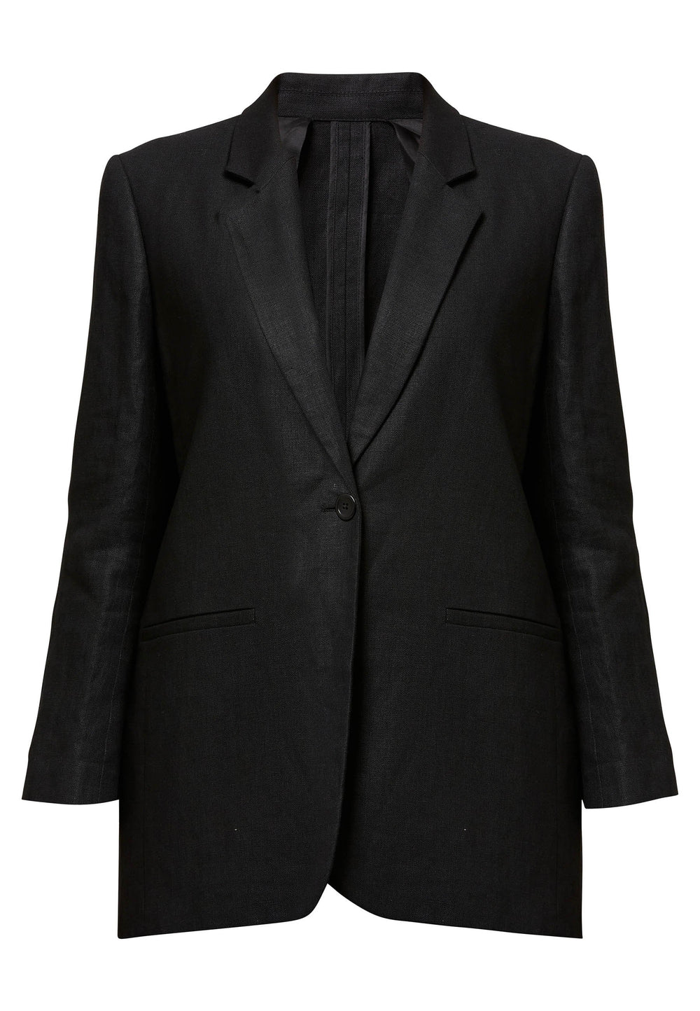 Cassie, the investment-worthy black linen blazer. The ultimate summer attire. Minimalist styling with a single button fastening. An oversized and slightly boxy silhouette. Wear it with a simple tee and the co-ordinating Vanessa pant with trainers for a chic and contemporary look
