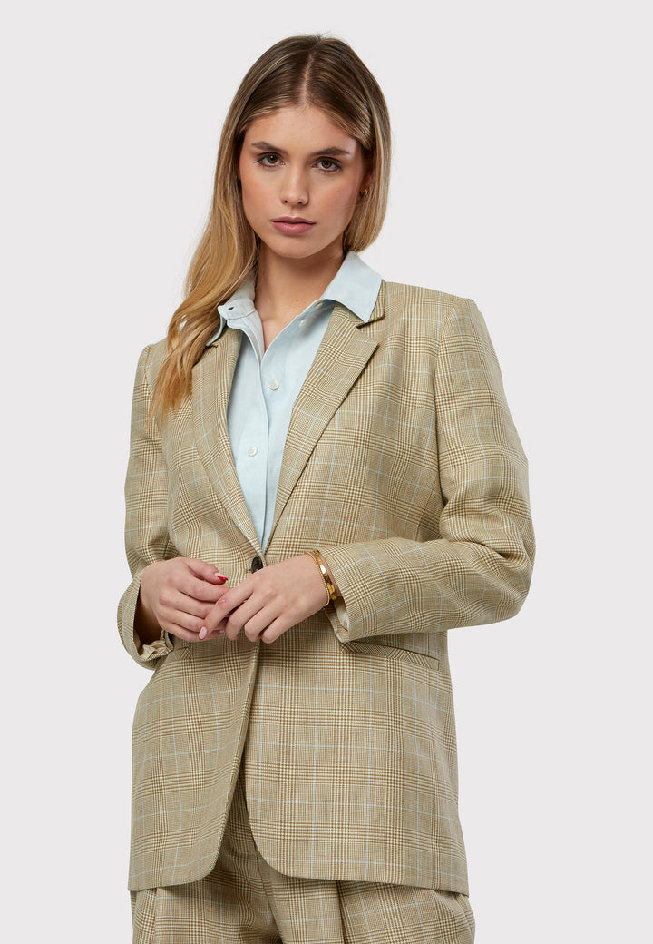 Cassie Glencheck Jacket, A refined investment crafted from tweed, showcasing a delightful blend of cream, beige, white, and baby blue hues. This jacket seamlessly combines summer elegance with versatility. With minimalist styling, a single-button fastening, and an oversized, subtly boxy silhouette, it exudes effortless sophistication. Pair it with a simple tee and the coordinating Lyra pants, finished with trainers for a chic and modern ensemble.