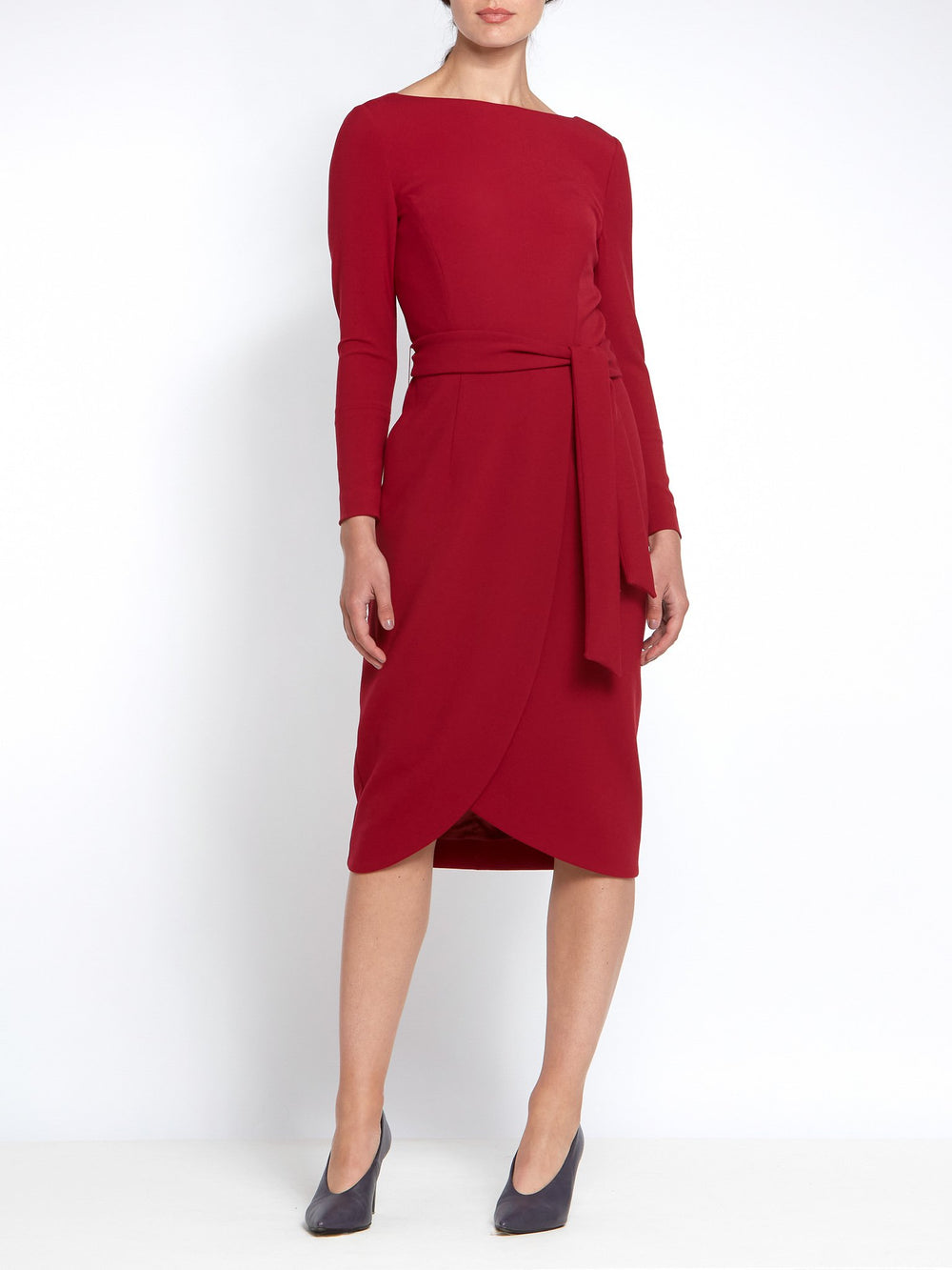 Helen McAlinden Celina ruby red dress A Body skimming silhouette with a slash neck and full length fitted sleeve with invisible zip detail. Occasion wear. Dress for women. Shop online dresses from irish designer. Evening dresses.