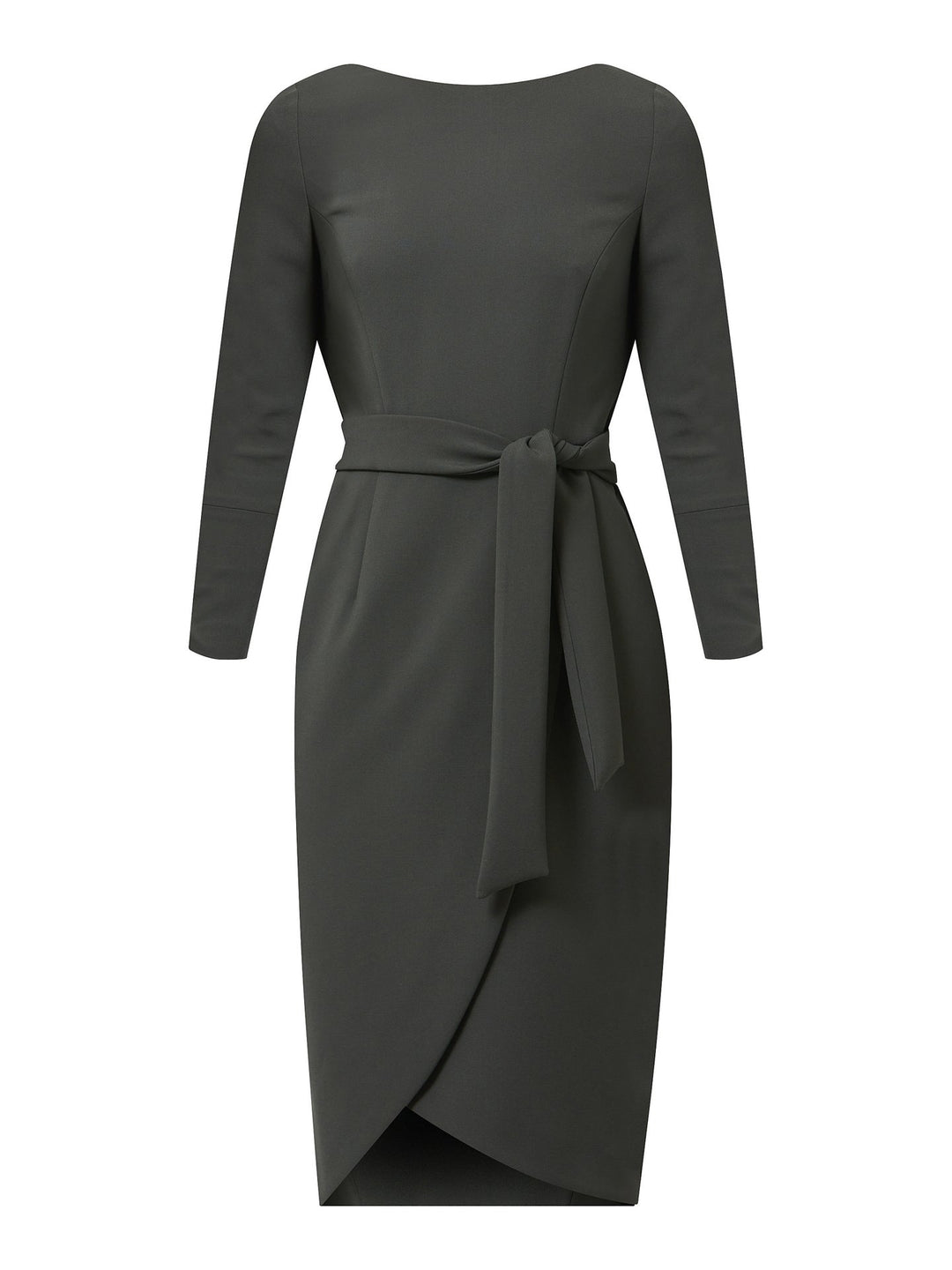 Celina, an elegant faux wrap pencil skirt dress in a smokey olive tone. Workwear redefined, the perfect desk to dinner dress. this body skimming silhouette falls below the knee and belted at the waist for a cinched profile, the ideal combination to accentuate the profile. Simply pair with heels for effortless elegance.