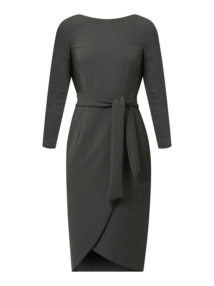 Celina, an elegant faux wrap pencil skirt dress in a smokey olive tone. Workwear redefined, the perfect desk to dinner dress. this body skimming silhouette falls below the knee and belted at the waist for a cinched profile, the ideal combination to accentuate the profile. Simply pair with heels for effortless elegance.