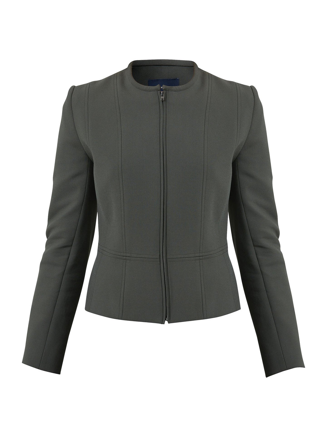 Upgrade your workwear options with the christiana smoky olive jacket. cut in our signature double crepe with a hint of stretch. Offers comfort & functionality. Engineered with an elegant seamed silhouette & center front zip. Pair with the co-ordinating jill trouser. This contemporary silhouette will become your workwear icon for the season.