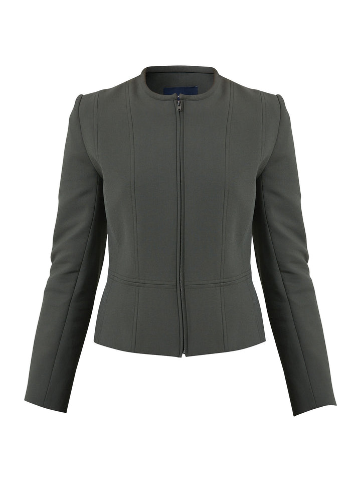 Upgrade your workwear options with the christiana smoky olive jacket. cut in our signature double crepe with a hint of stretch. Offers comfort & functionality. Engineered with an elegant seamed silhouette & center front zip. Pair with the co-ordinating jill trouser. This contemporary silhouette will become your workwear icon for the season.