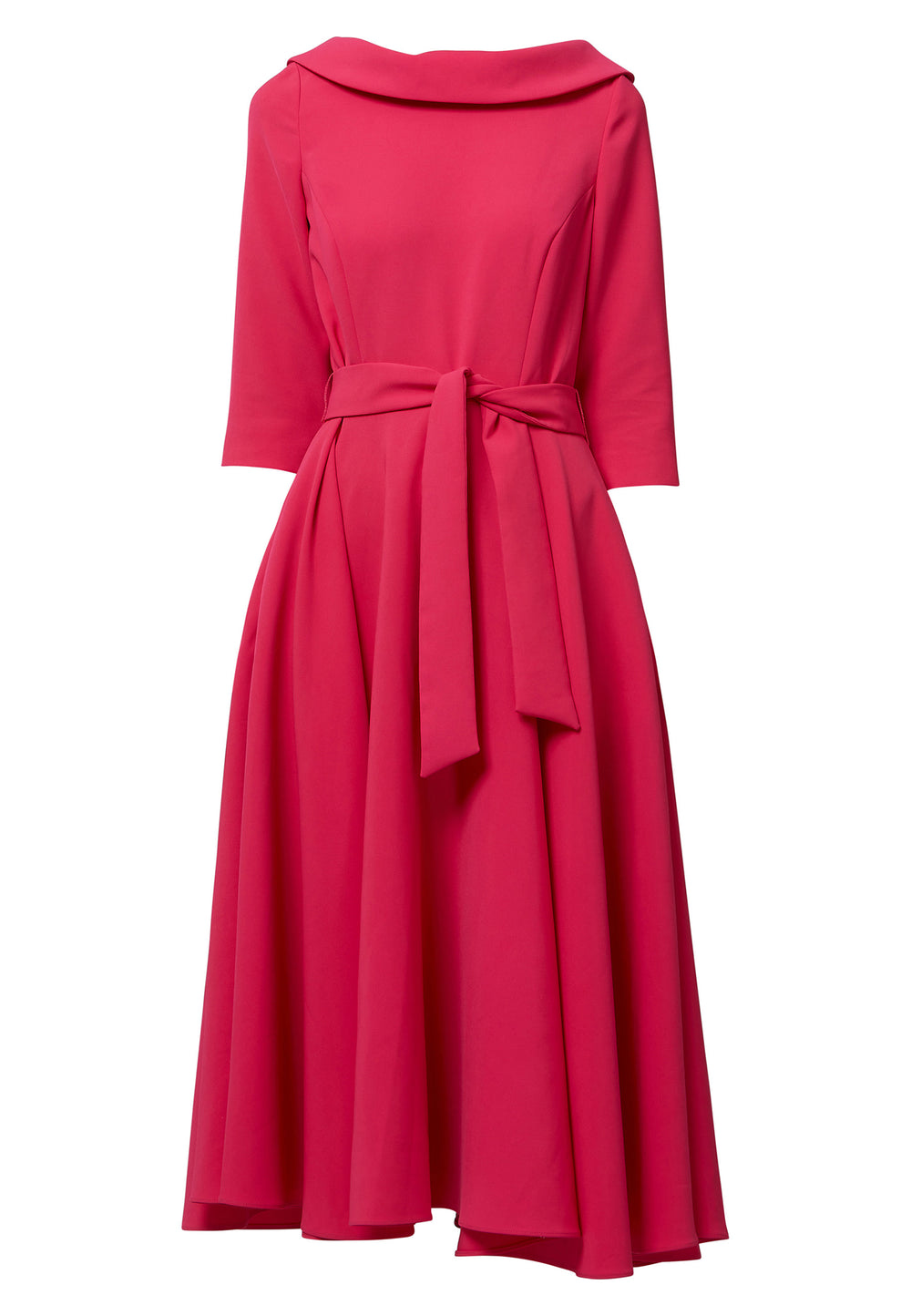 Marilyn is a captivating choice for your upcoming occasions. A striking Hot pink dress with a cowl collar. The silhouette is rooted in simplicity with a fitted bodice and flared skirt. Features side seam pockets and a detachable belt. Attending a summer wedding? Mother of the bride? Heading to the races? This is the dress for you. Simply pair with heels to compliment this elegant design.