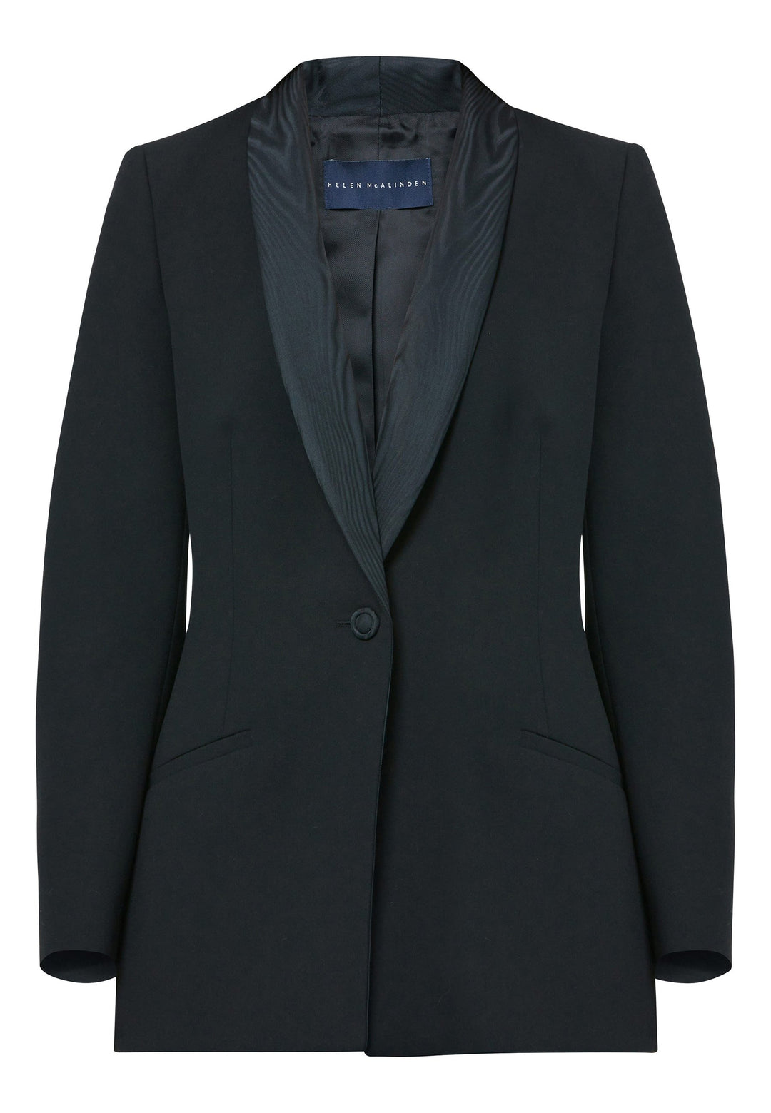 Discover the Darcie Black Jacket, an essential piece for any minimalist wardrobe. This exquisitely crafted tuxedo jacket is a timeless investment, featuring a traditional shawl collar and sleek welt pockets. Its semi-fitted silhouette, accentuated by a single button closure, offers a flattering look. Meticulously tailored from our renowned fabric, this jacket ensures both comfort and flexibility with a touch of stretch.