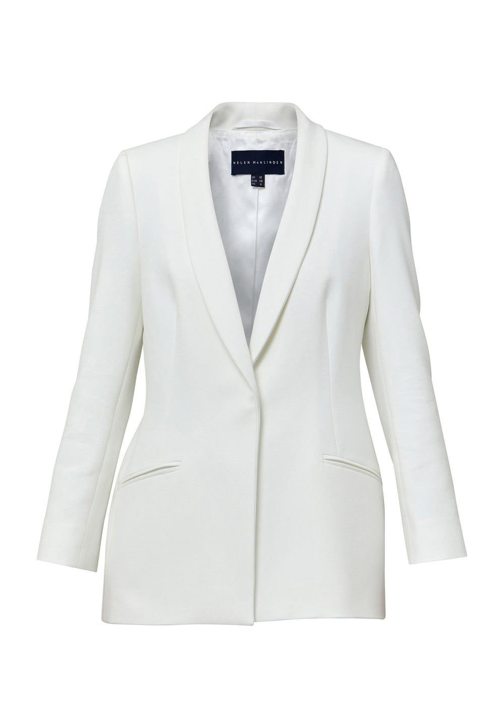 Darcie, a minimalist wardrobe must-have. This investment-worthy tailored tux jacket is engineered with a classic shawl collar and simple jeet pockets. Cut to a semi fitted silhouette with a single button closure. Fabricated in our signature double crepe with a hint of stretch in iconic white. The perfect balance between classic & elegance. Pair with a simple tee or elevate the look with the co-ordinating jill pant.