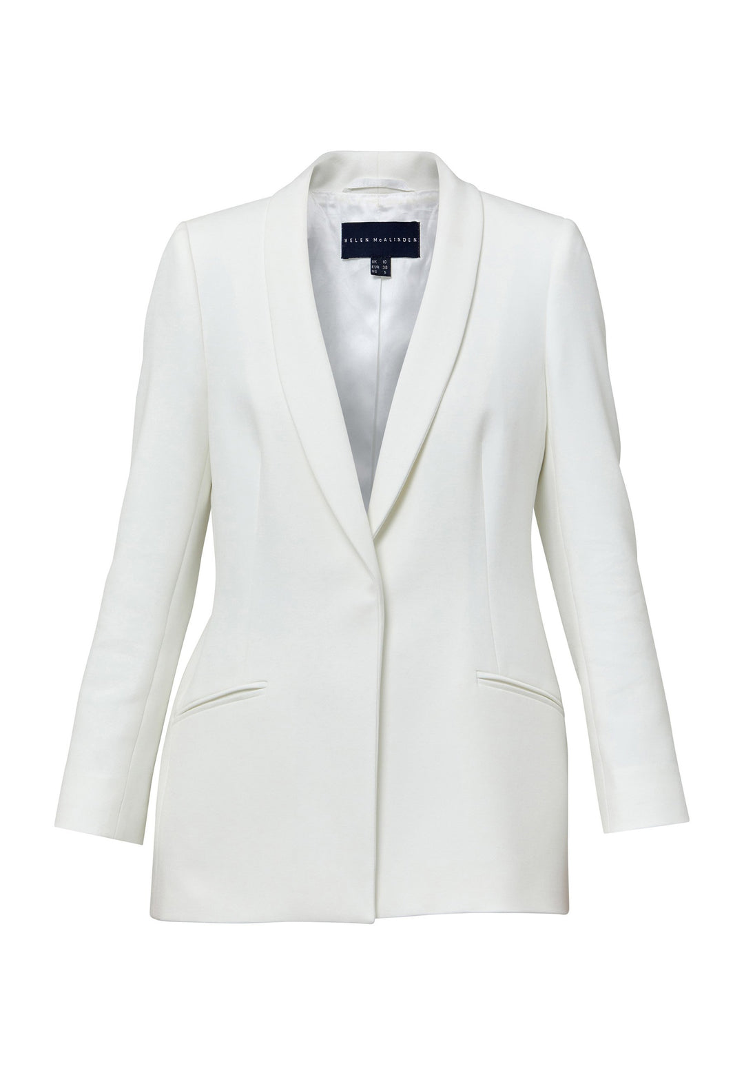 Darcie, a minimalist wardrobe must-have. This investment-worthy tailored tux jacket is engineered with a classic shawl collar and simple jeet pockets. Cut to a semi fitted silhouette with a single button closure. Fabricated in our signature double crepe with a hint of stretch in iconic white. The perfect balance between classic & elegance. Pair with a simple tee or elevate the look with the co-ordinating jill pant.
