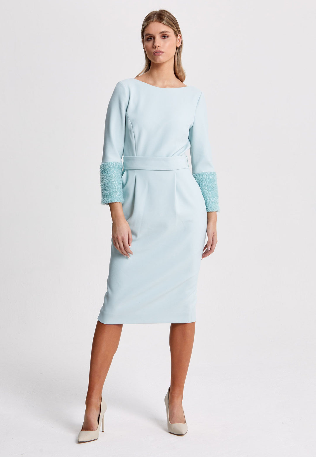 Dianna is the answer to any occasion invite. An elegant dress with a sculptured petal detail cuff. An expertly tailored form-flattering silhouette with pockets, detachable belt & pencil skirt which falls to mid-calf. Crafted from sustainably sourced fibers with a hint of stretch to ensure comfort & ease of movement. Heighten the drama of this piece with your favourite accessories and heels.