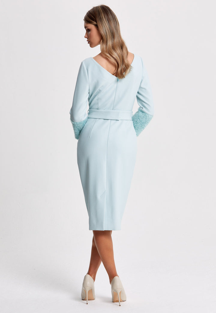 Dianna is the answer to any occasion invite. An elegant dress with a sculptured petal detail cuff. An expertly tailored form-flattering silhouette with pockets, detachable belt & pencil skirt which falls to mid-calf. Crafted from sustainably sourced fibers with a hint of stretch to ensure comfort & ease of movement. Heighten the drama of this piece with your favourite accessories and heels.