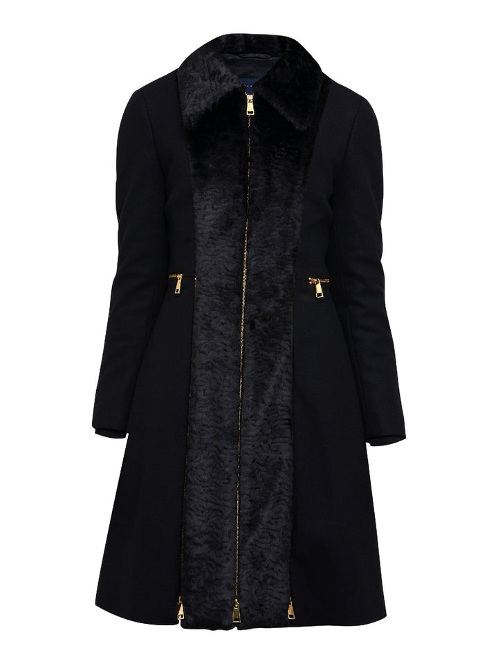 Elizabeth, true timeless sophistication in a black coat. An over-the-knee length coat made of cashmere blend, embellished with faux fur front panels and gold metal zippers, you will wear day after day.  Team with Belle or jill pant or for minimal style.