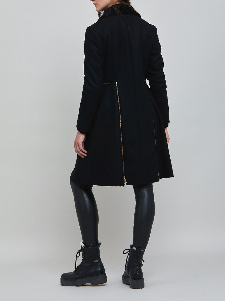 Elizabeth, true timeless sophistication in a black coat. An over-the-knee length coat made of cashmere blend, embellished with faux fur front panels and gold metal zippers, you will wear day after day.  Team with Belle or jill pant or for minimal style.