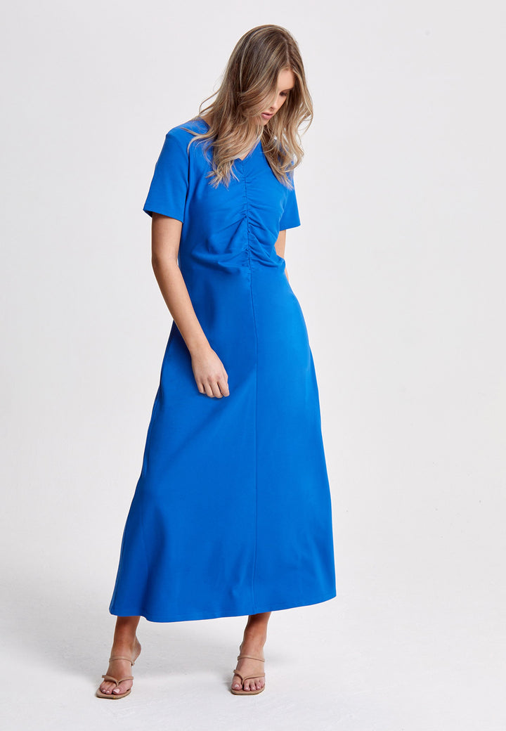 Finnley, Easy fitting jersey dress for everday. Ruched front adds flattering finish to this figure skimming silhouette. Features a Slightly flared Midi-length skirt, V-neckline and capped t-shirt sleeves. Cut here from a striking Cobalt blue.
