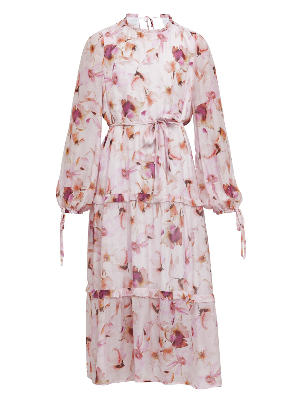 Meet Flo, a super feminine silhouette with pleated jewel neckline, keyhole back, full sleeves that fall to an elasticated cuff with tie detail. Tiered skirt falls to below the knee. The dress can be worn with or without the belt. Crafted in our super soft silk in a delicate watercolour floral print. Perfect for summer weddings, garden parties or wherever you'd like to make an entrance.