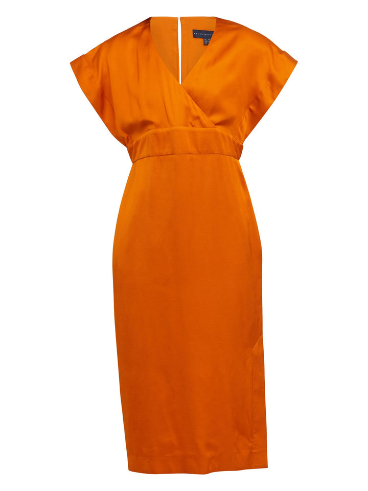 Classic occasion wear, modernized. Meet the Fleur Dress in luxurious burnished rust satin viscose. An easy-fitting silhouette with a v-neckline, falls to the mid-calf and features side slit, pockets, and an elegant key-hole back neck detail.  Attending a summer wedding? Mother of the bride? Heading to the races? This is the dress for you. Designed in Ireland by Helen McAlinden. Made in Europe. Free shipping to the EU & UK.