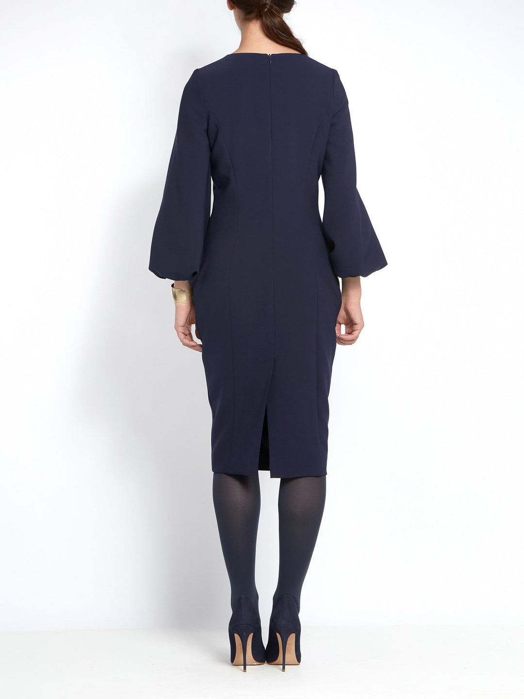 Navy bodycon dress made with double crepe and puff ball sleeves