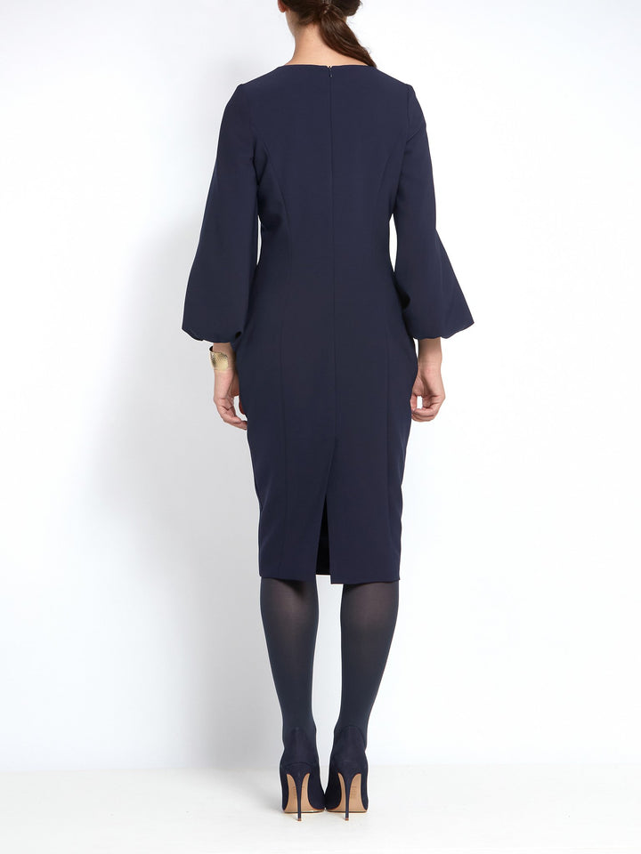 Navy bodycon dress made with double crepe and puff ball sleeves