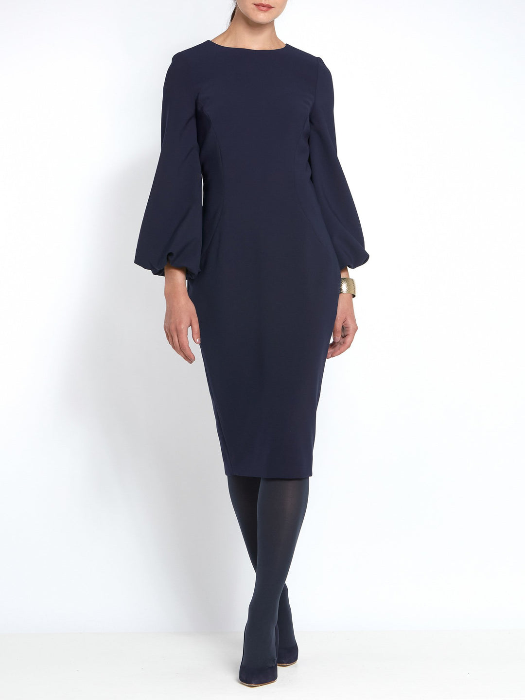 Navy bodycon dress made with double crepe and puff ball sleeves