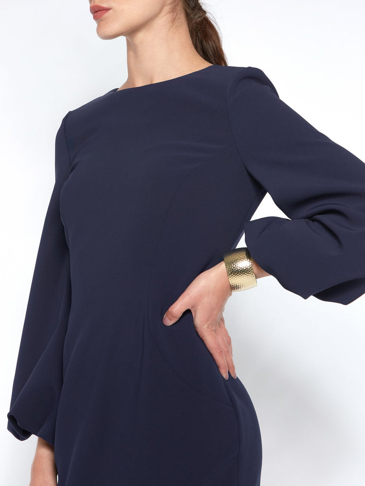 Navy bodycon dress made with double crepe and puff ball sleeves