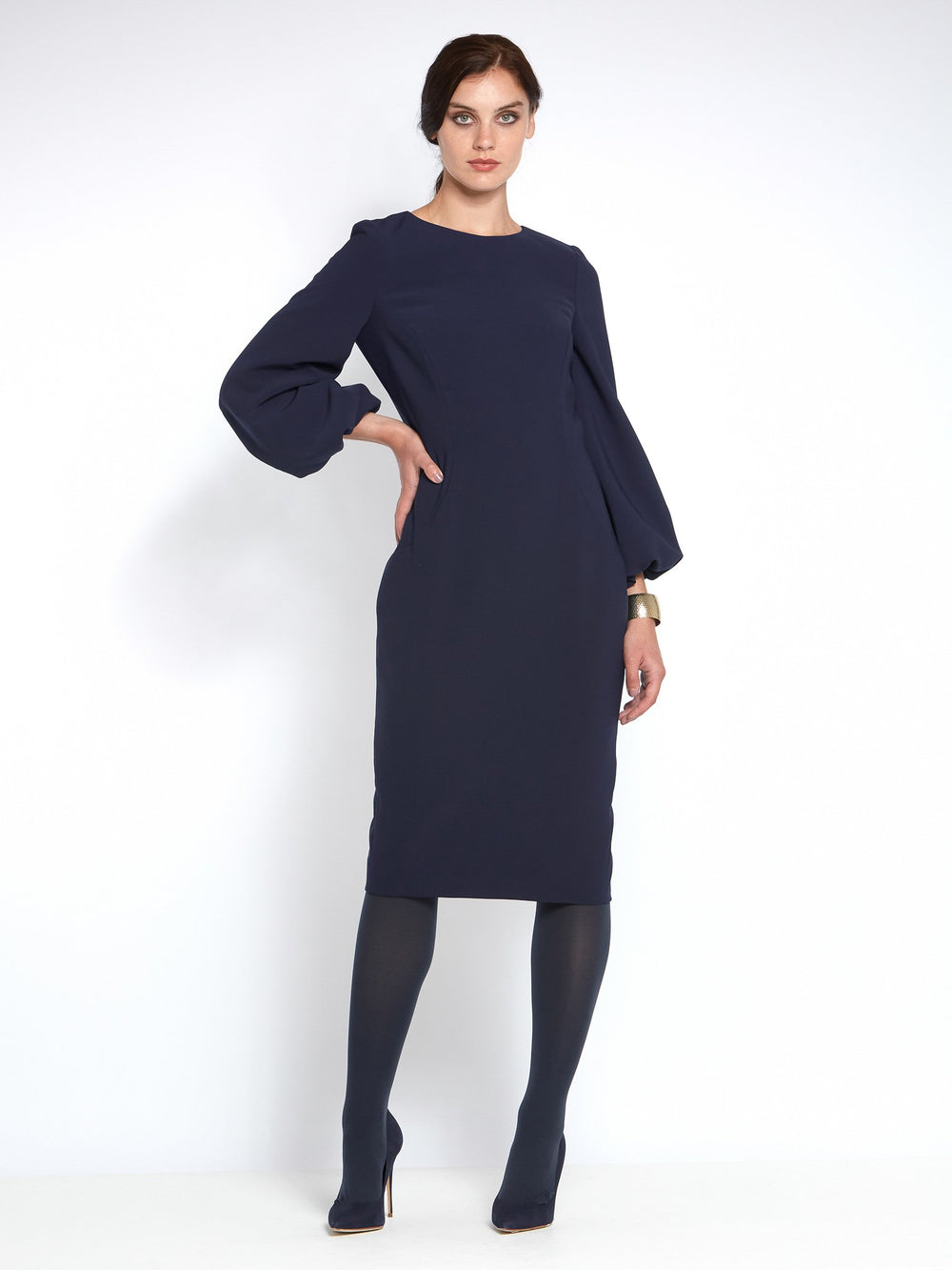 Navy bodycon dress made with double crepe and puff ball sleeves