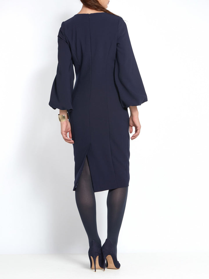 Navy bodycon dress made with double crepe and puff ball sleeves