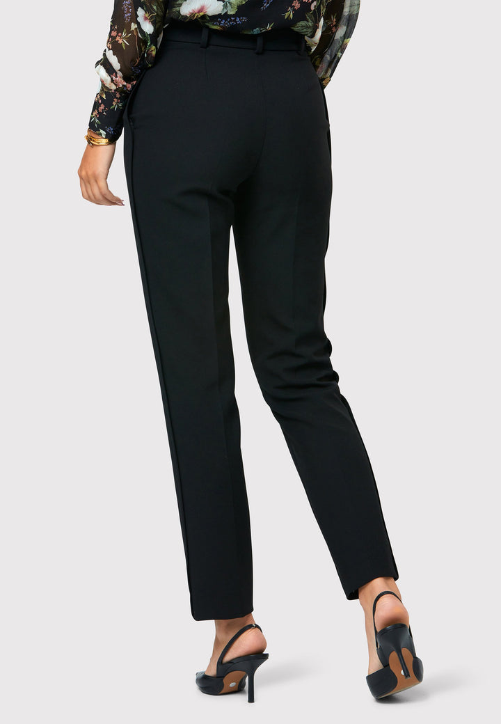 Meet the Georgiana Black Trousers, your go-to pair for sleek and tailored style. These narrow-leg trousers feature a high waist, a flat fly front, and belt loops for a timeless and versatile look. With their classic black color, they're a must-have addition to any wardrobe, suitable for various occasions. Complete your polished and coordinated look by styling them with the matching Darcie tux jacket, creating the perfect suit ensemble that radiates confidence and sophistication.