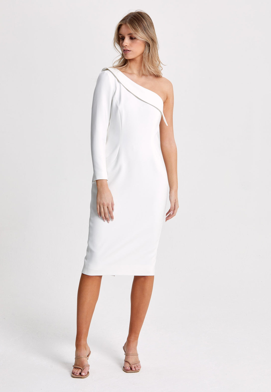 Show a little shoulder in the Harlow Dress. Engineered with a one shoulder neckline, finished with a turn down collar on our super sophisticated body skiiming silhouette. The perfect balance between sassy & elegant. This fabric is made with a hint of elastane to ensure comfort and ease of movement. The Ultimate event dress.