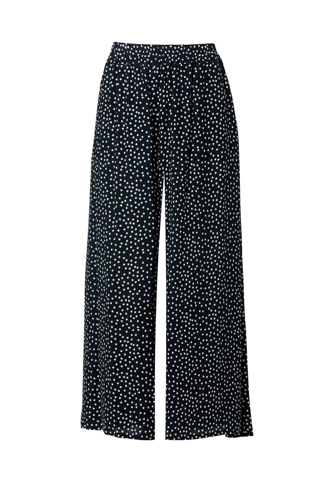 The Imogen Navy and White Polka Dot Trousers bring chic versatility to your wardrobe. With a drapey wide leg and crafted from our beloved sustainable viscose crepe, these trousers prioritize comfort with an elasticated gathered waistband. The timeless navy adorned with white polka dots adds a classic touch, elegantly falling to the ankle.